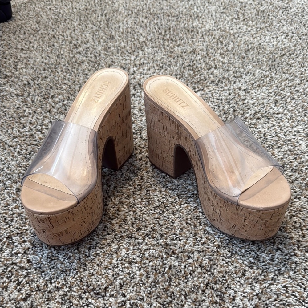 SCHUTZ Women's Clear and Tan Cork Mules